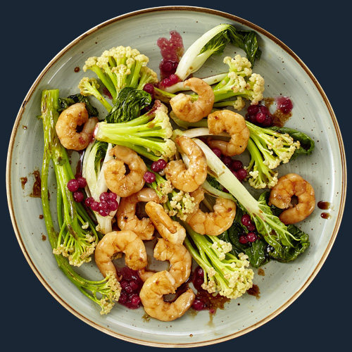 Riesengarnelen mit wildem Blumenkohl und Soja-Zitrusbutter